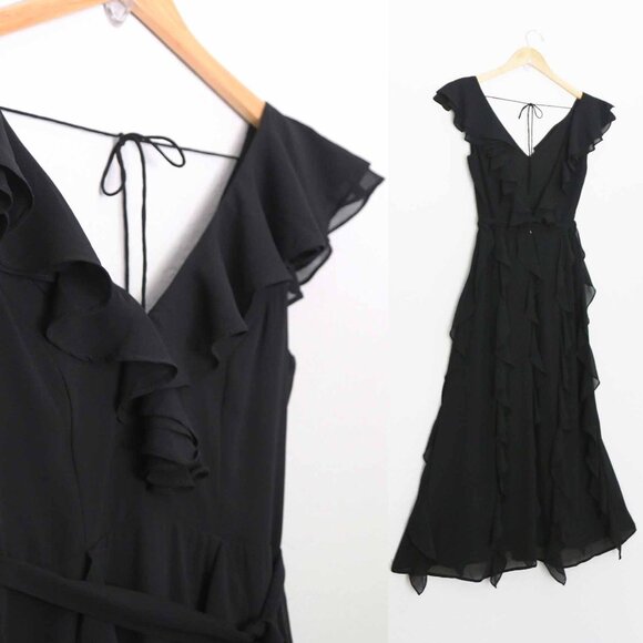 Bardot Emily Frill Maxi Dress with Ruffle Overlay 4 XS Black Dark Romantic $129 - Picture 8 of 16